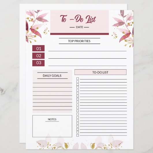 Floral to do lijst Sjabloon (Voorkant / Achterkant)