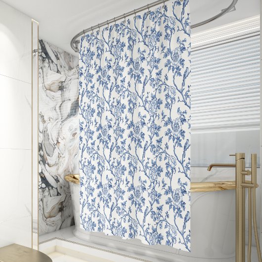 Floral  Toile de Jouy Blauw Wit Douchegordijn