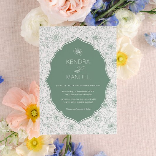 Floral Toile Fancy Sage Green Wedding Kaart
