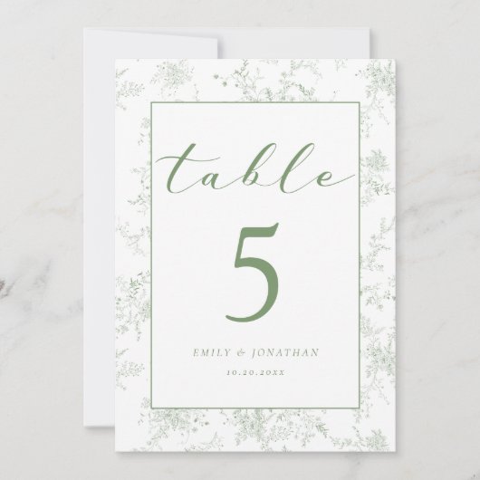 Floral Toile Green Wedding Table Card Kaart (Voorkant)