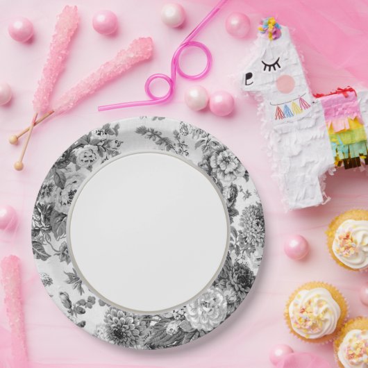 Floral Toile No.3, zwart-wit grijs  Papieren Bordje (Feest)