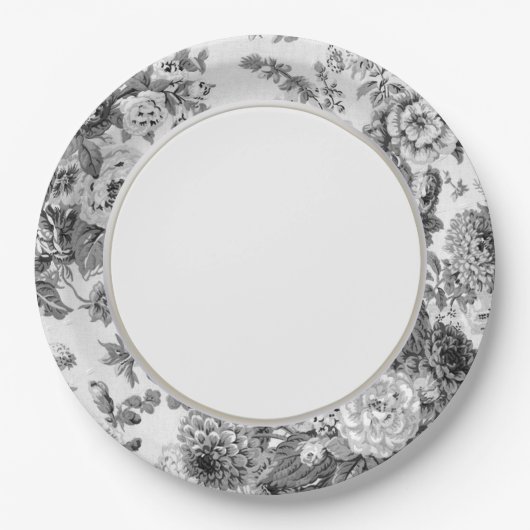 Floral Toile No.3, zwart-wit grijs  Papieren Bordje (Voorkant)
