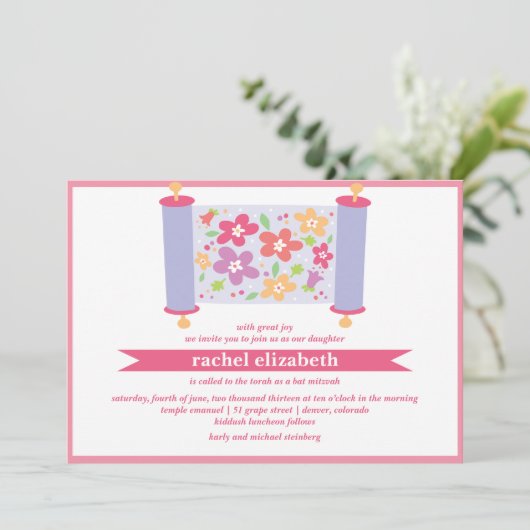 Floral Torah Bat Mitzvah Kaart (Staand voorkant)