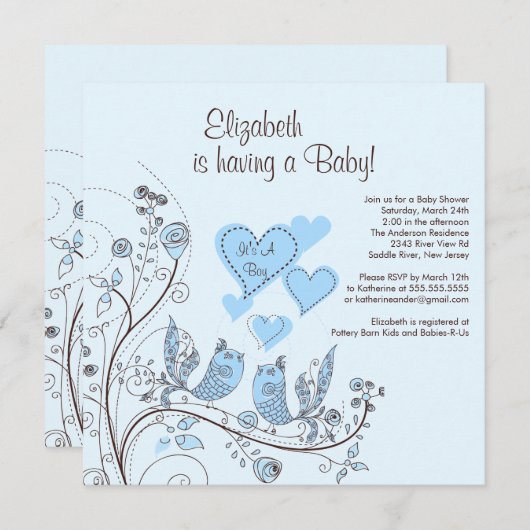 Floral Tree Birds Boy Baby shower Invitation Kaart (Voorkant / Achterkant)