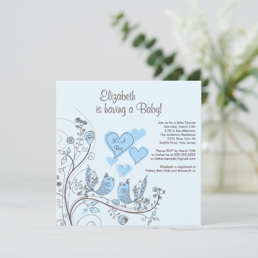 Floral Tree Birds Boy Baby shower Invitation Kaart (Staand voorkant)