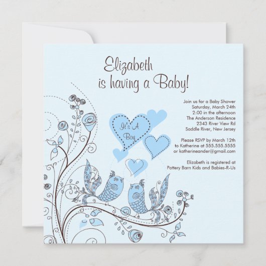 Floral Tree Birds Boy Baby shower Invitation Kaart (Voorkant)