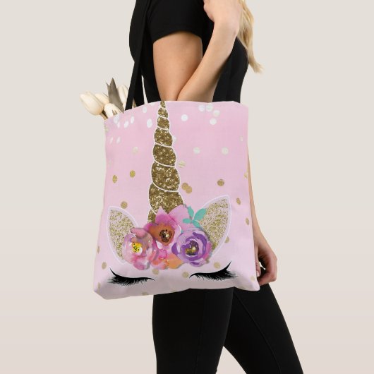 Floral Trendy Modern Unicorn Horn Gold Confetti Tote Bag (Dichtbij)