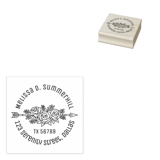 Floral Tribal Arrow, Roos Flowers Round Address V2 Rubberstempel (Gestempeld)