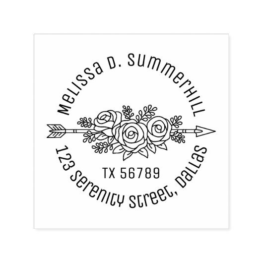Floral Tribal Arrow, Roos Flowers Round Address V2 Zelfinktende Stempel (Design)