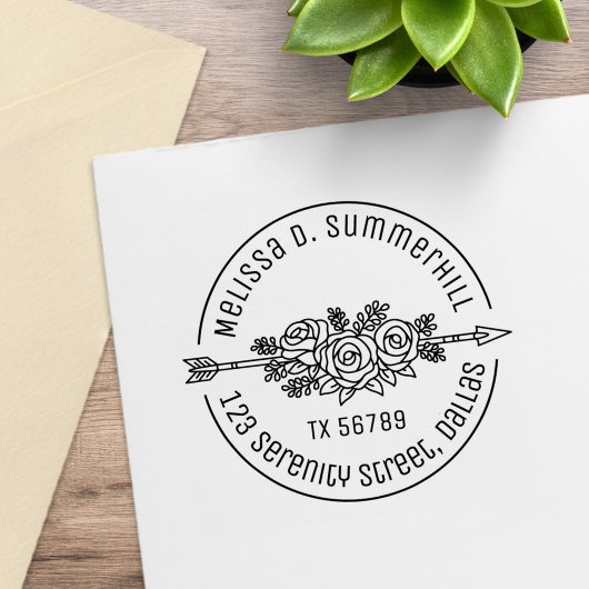 Floral Tribal Arrow Roos Flowers Round Address V2b Rubberstempel