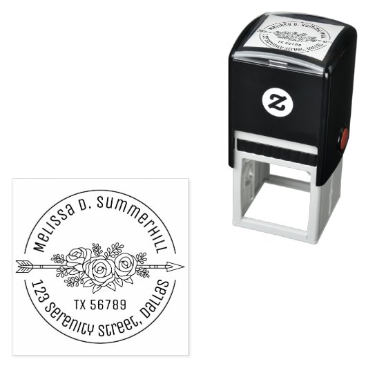 Floral Tribal Arrow Roos Flowers Round Address V2c Zelfinktende Stempel (In situ)