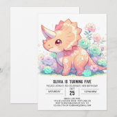 Floral Triceratops Dinosaurus Digitale Verjaardag Kaart (Voorkant / Achterkant)