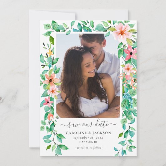 Floral Tropical Beach Foto Save the Date Kaart (Voorkant)