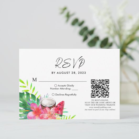 Floral Tropical Hawaiian QR Code Bruiloft RSVP Kaartje (Staand voorkant)