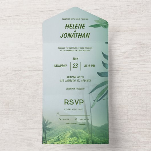 Floral Tropical Palm Tree Green Beach Weddenschap All In One Uitnodiging (Binnen)