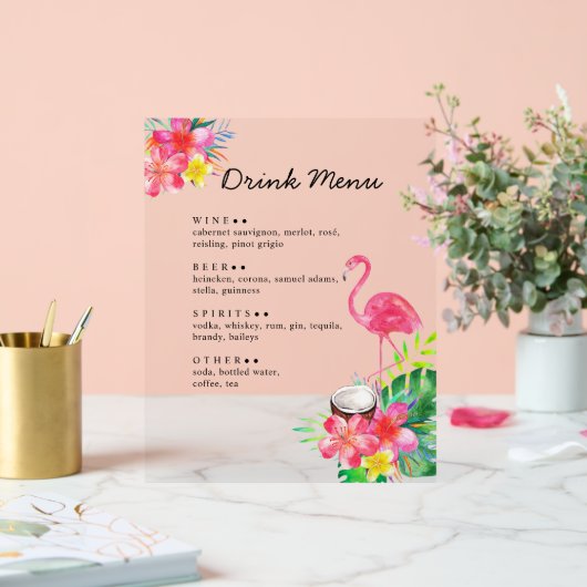 Floral Tropical Paradise Flamingo Drinks Menu Acryl Bord (Huwelijk)