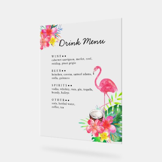 Floral Tropical Paradise Flamingo Drinks Menu Acryl Bord (Hoek)