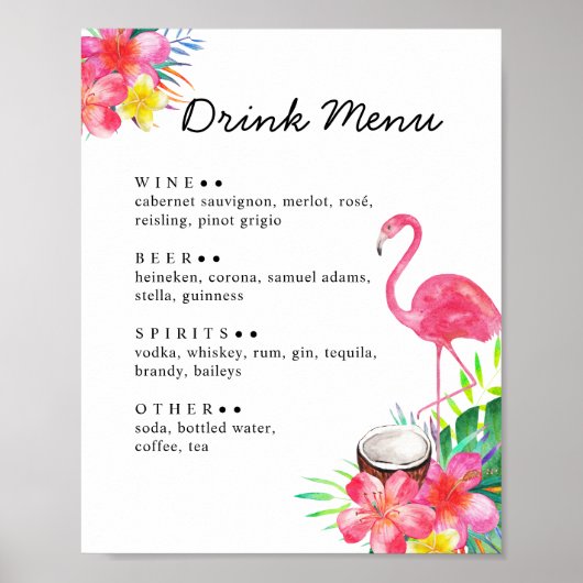 Floral Tropical Paradise Flamingo Drinks Menu Poster (Voorkant)