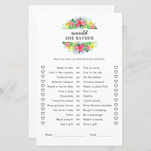 Floral Tropical Paradise Would She Rather Game (Voorkant / Achterkant)