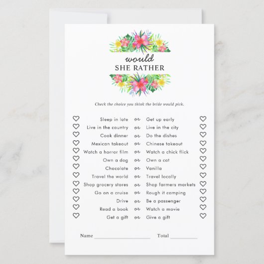 Floral Tropical Paradise Would She Rather Game (Voorkant)