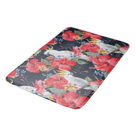 Floral Tropical Pattern Red Hibiscus Cockatau Badmat