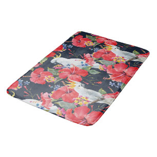 Floral Tropical Pattern Red Hibiscus Cockatau Badmat