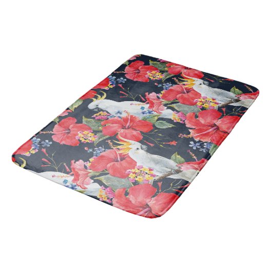 Floral Tropical Pattern Red Hibiscus Cockatau Badmat (Gekanteld)