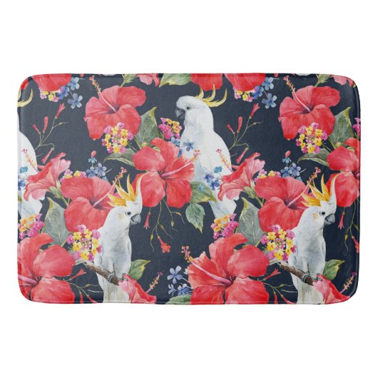 Floral Tropical Pattern Red Hibiscus Cockatau Badmat (Voorkant)