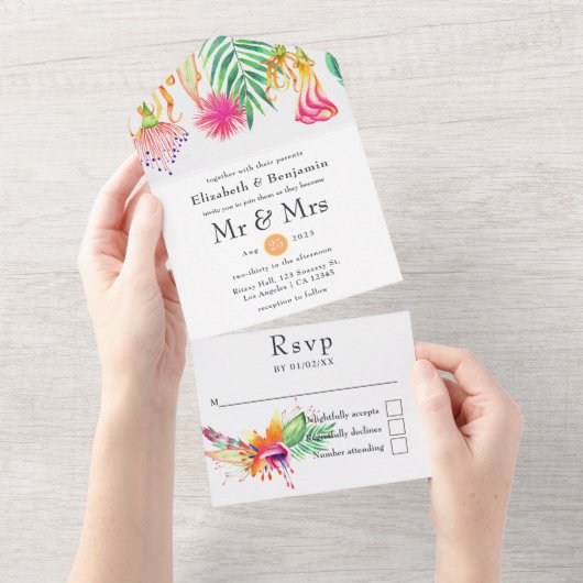 Floral Tropical Summer Wedding All In One Uitnodiging (Afscheurbaar)