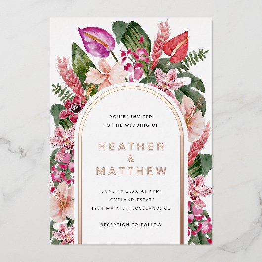 Floral Tropical Wedding Folie Invitation Folie Uitnodiging (Voorkant)