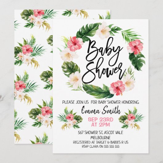 Floral Tropical WreatBaby shower Invitation Kaart (Voorkant / Achterkant)