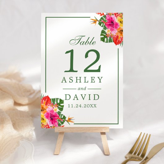 Floral Tropisch Hibiscus Palm Leaves Table Number Kaart