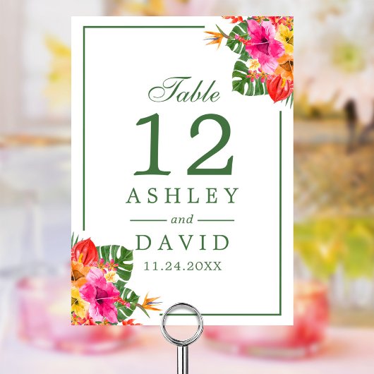 Floral Tropisch Hibiscus Palm Leaves Table Number Kaart