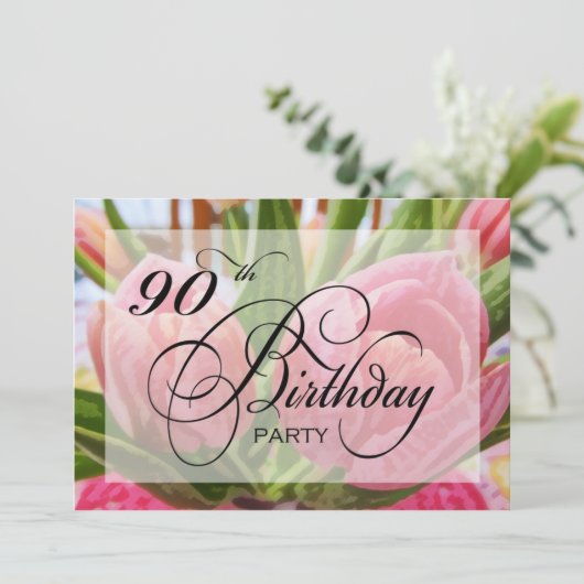 Floral Tulip 90th Birthday Party Invitation Kaart (Staand voorkant)