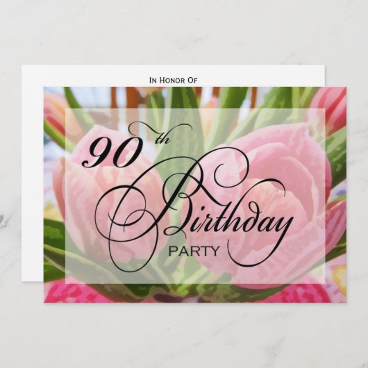 Floral Tulip 90th Birthday Party Invitation Kaart (Voorkant / Achterkant)