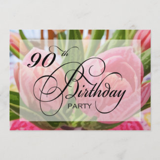 Floral Tulip 90th Birthday Party Invitation Kaart