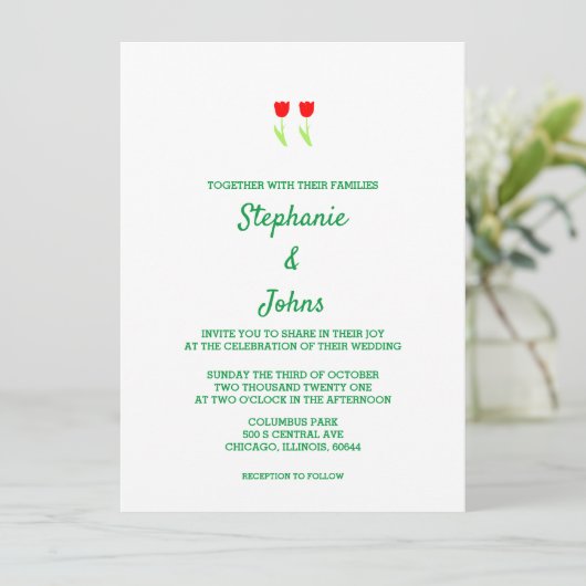 Floral Tulip Flower Red White Cute Wedding Kaart (Staand voorkant)