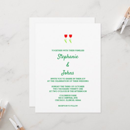 Floral Tulip Flower Red White Cute Wedding Kaart (Voorkant / Achterkant in situ)