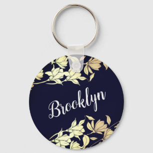 Floral Tulip Flowers Elegant Gold Navy Blue Name Sleutelhanger