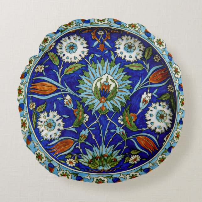Floral Tulip Motief Iznik Turks Patroon Rond Kussen (Voorkant)