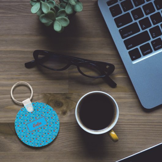 Floral turkooise patroonbloemen noemen Sleutelhang Sleutelhanger