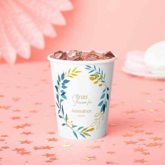 Floral Turquoise Blue en Gold Paper Borden Papieren Bekers (Insitu)