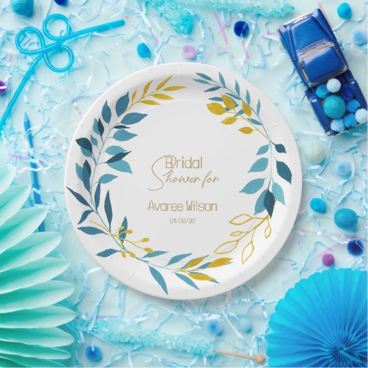 Floral Turquoise Blue en Gold Paper Borden Papieren Bordje (Feest)