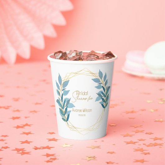 Floral Turquoise Blue en Gold Papieren Bekers (Insitu)