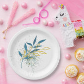 Floral Turquoise Blue en Gold Papieren Bordje (Feest)