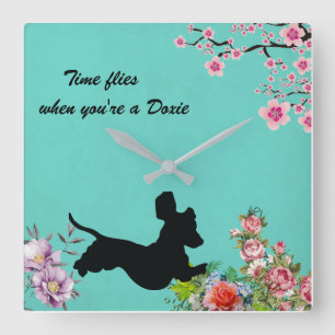 Floral Turquoise Dachshund Silhouette Wall Clock Vierkante Klok
