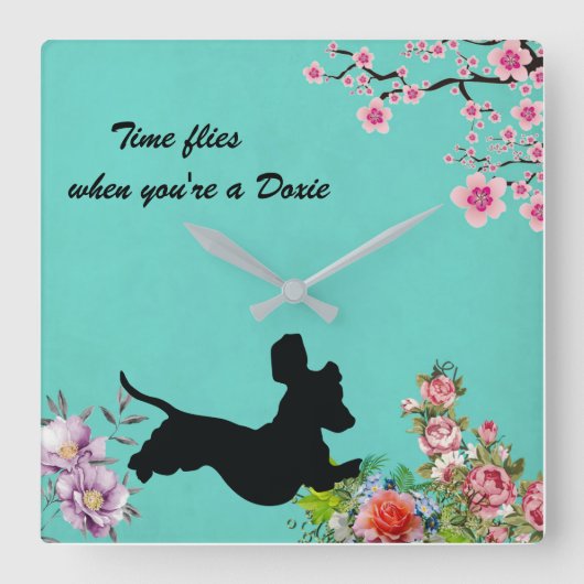 Floral Turquoise Dachshund Silhouette Wall Clock Vierkante Klok (Voorkant)