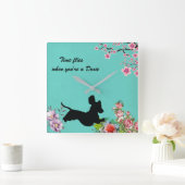 Floral Turquoise Dachshund Silhouette Wall Clock Vierkante Klok (Huis)