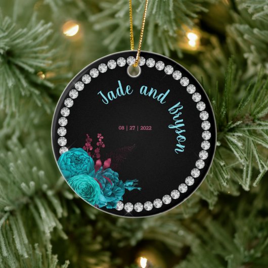 Floral Turquoise en Mauve Elegant Rhinestone Keramisch Ornament (Boom)