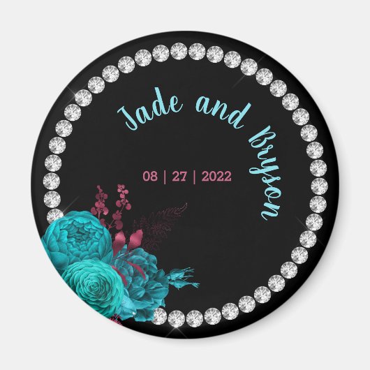 Floral Turquoise en Mauve Elegant Rhinestone Magneet (Voorkant)